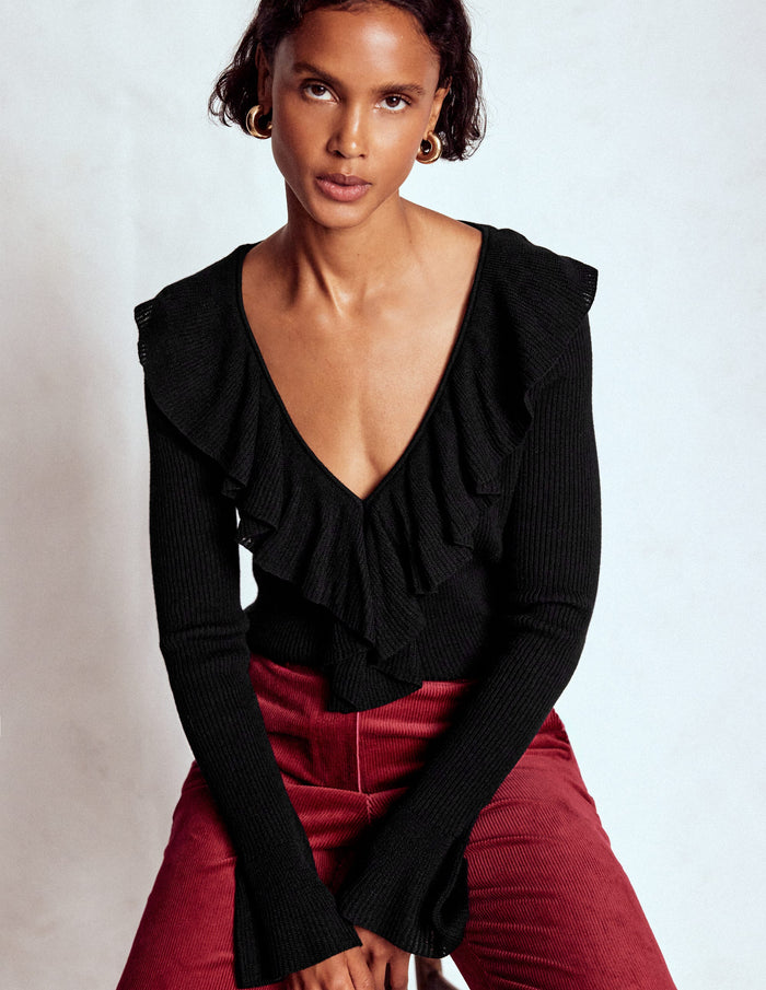Ruffled Rib Henley Sweater Black