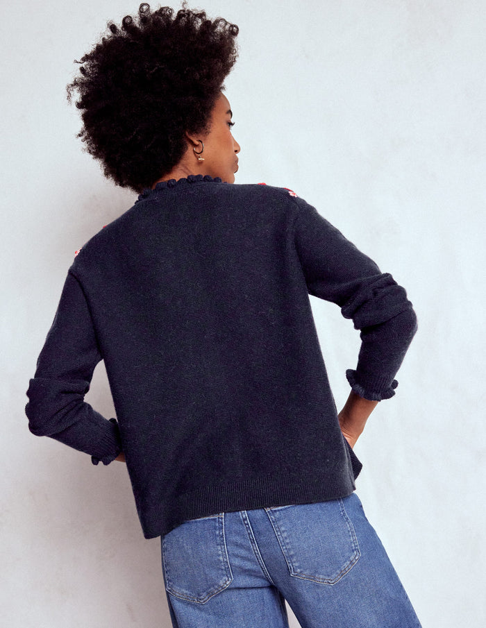 Embroidered Frill Cardigan Navy