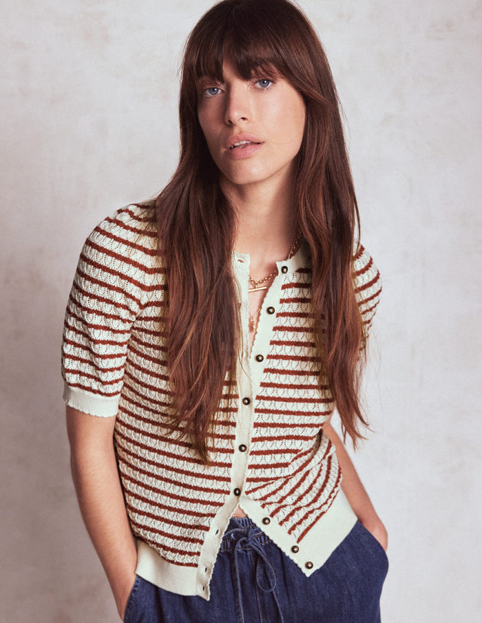 Dot Pointelle Cardigan Warm Ivory/ Red