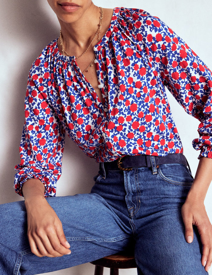 Isla Long Sleeve Jersey Shirt Poppy Red, Floweret Vine