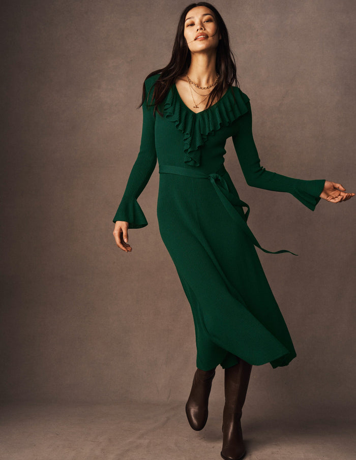 Ruffled Ribbed Dress Emerald Night