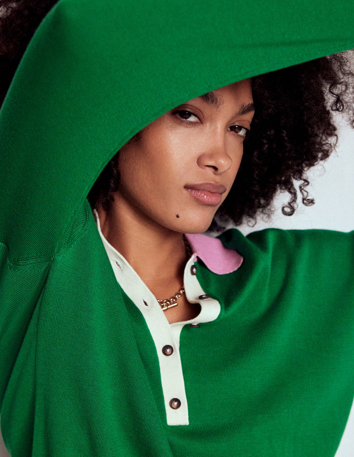 Lara Relaxed Cotton Henley Top Rich Emerald Colour Block