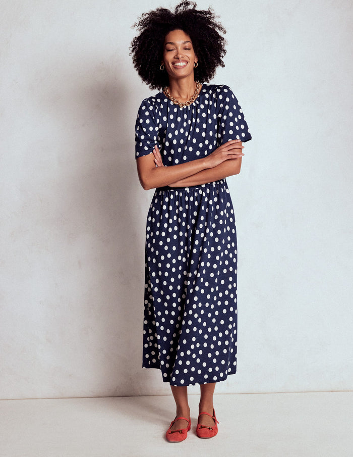 Louisa Jersey Midi Dress French Navy, Painted Dot
