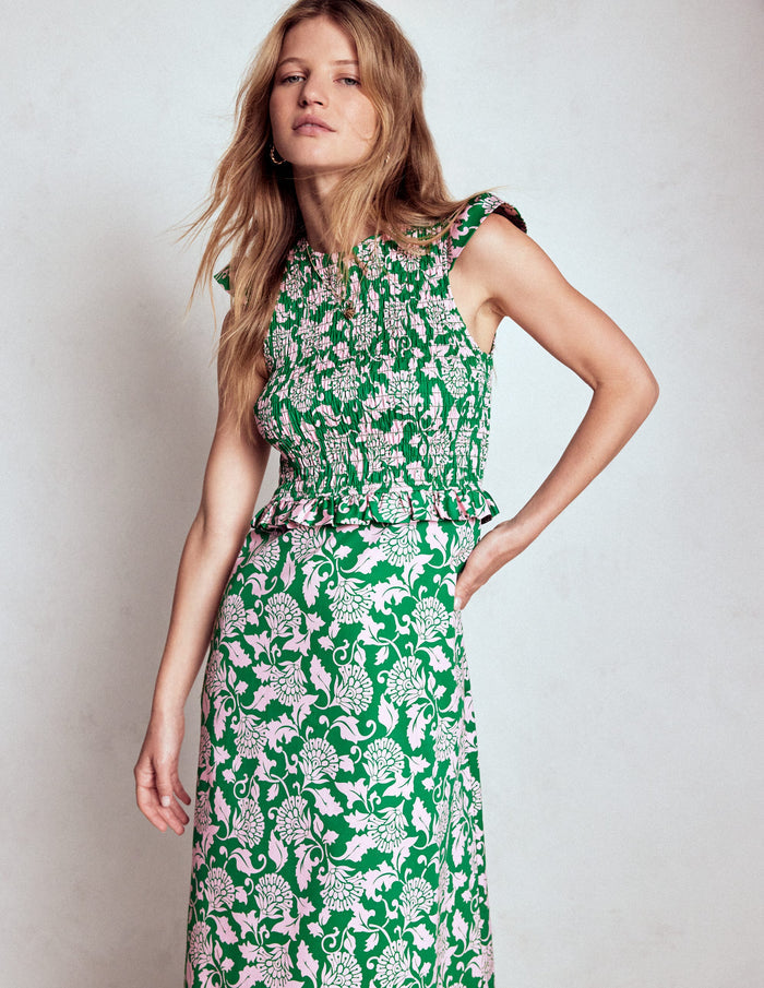 Carolina Smocked Midi Dress Rich Emerald, Ornate Vine