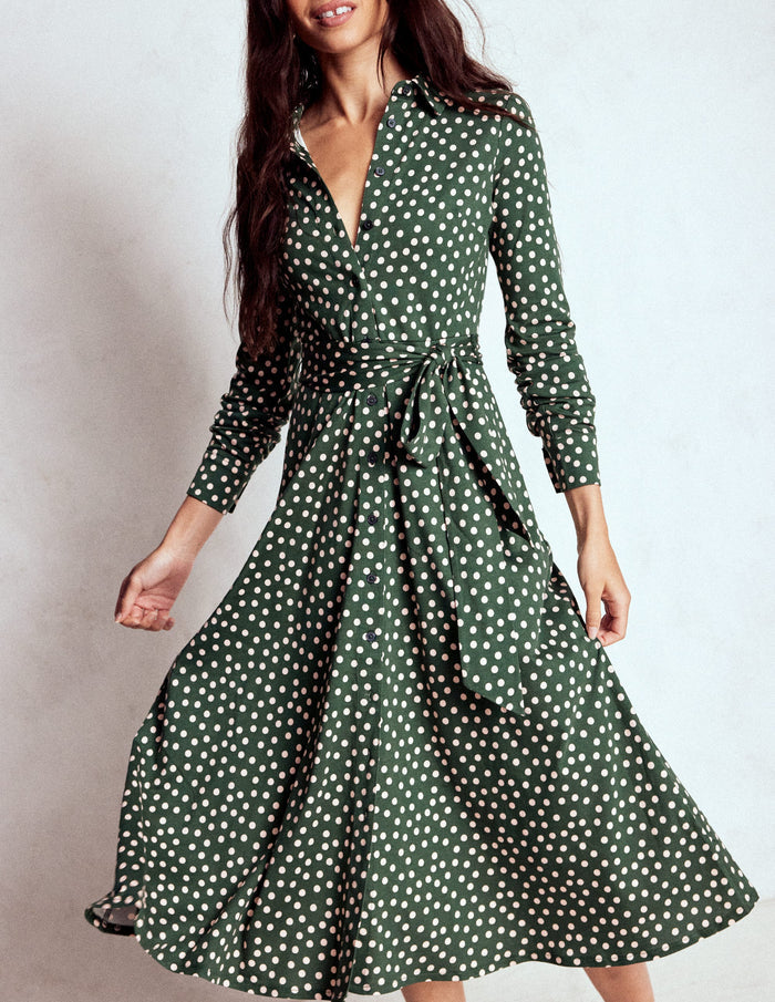 Marcia Jersey Shirt Dress Hunter Green, Painted Dot