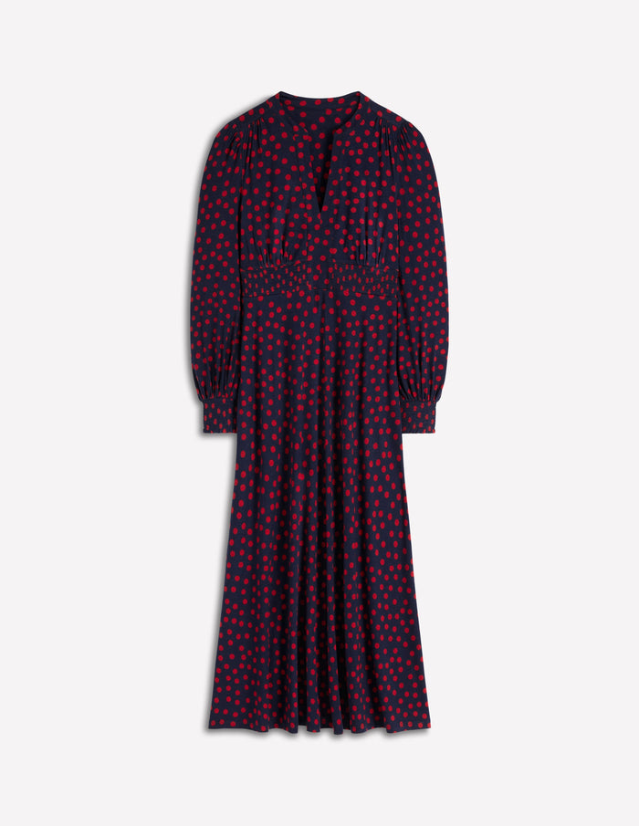 Ivy Smocked Midi Dress French Navy, Painted Dot