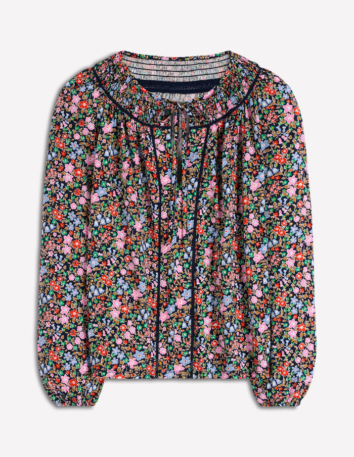 Georgia Smocked Jersey Top Navy and Multi, Flowerbed
