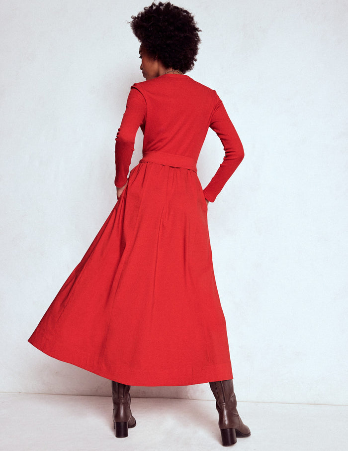 Button Detail Mix Dress Crimson Red