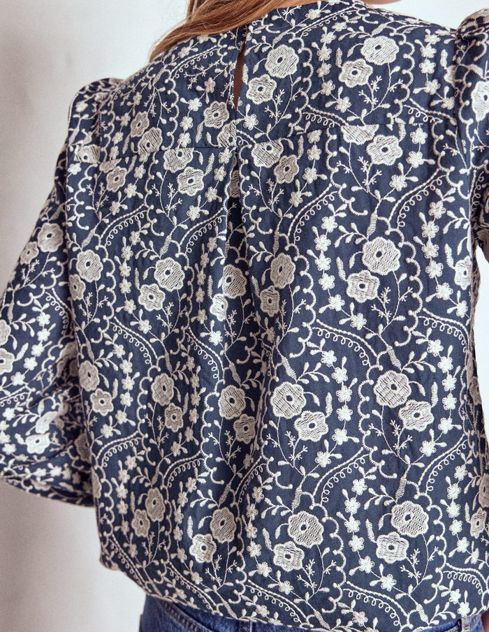 Embroidered Cotton Dobby Top Navy
