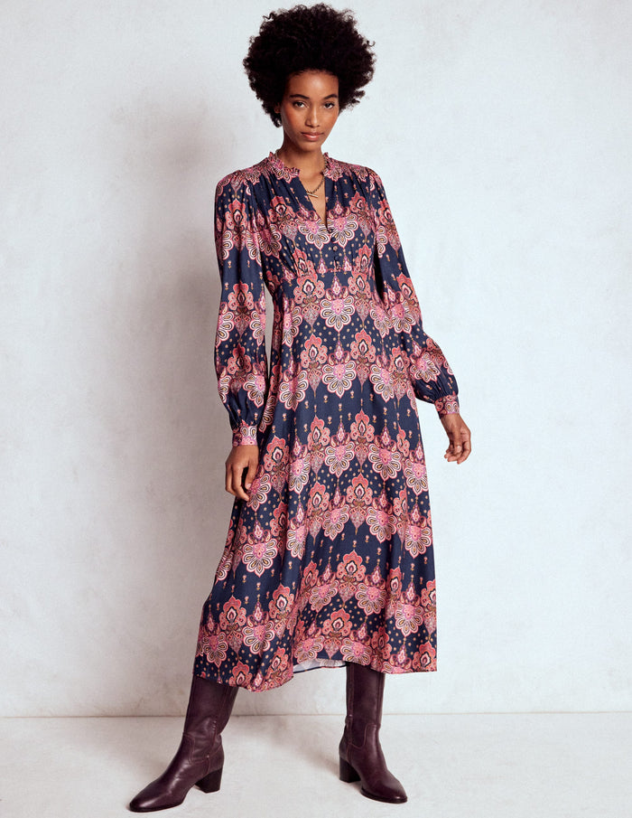 Cassie Smocked Tea Dress Navy, Embellished Paisley