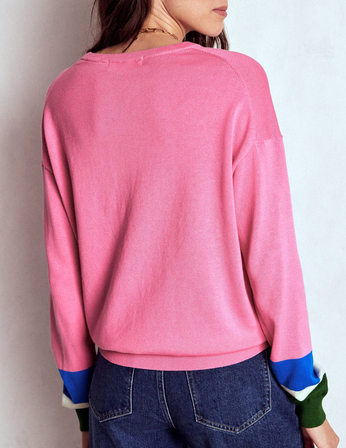 Lara Relaxed Cotton Jumper Pink Lemonade, Cuff Stripe