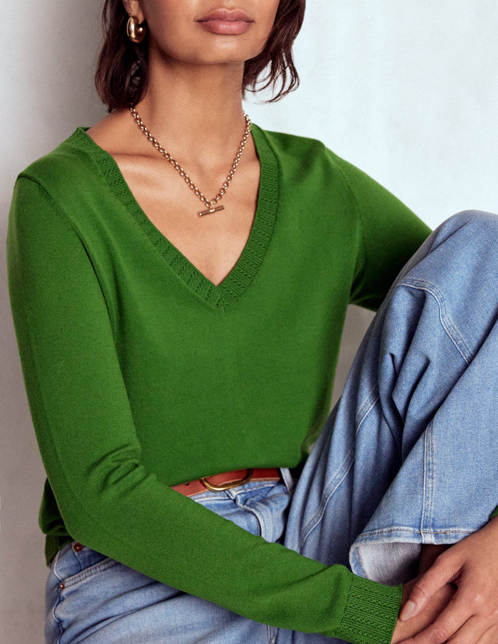 Emilia Cotton V Neck Sweater Promenade Green