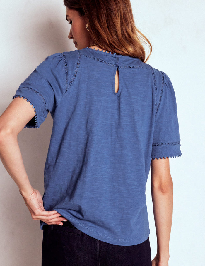 Mila Lace Trim Top Denim Blue