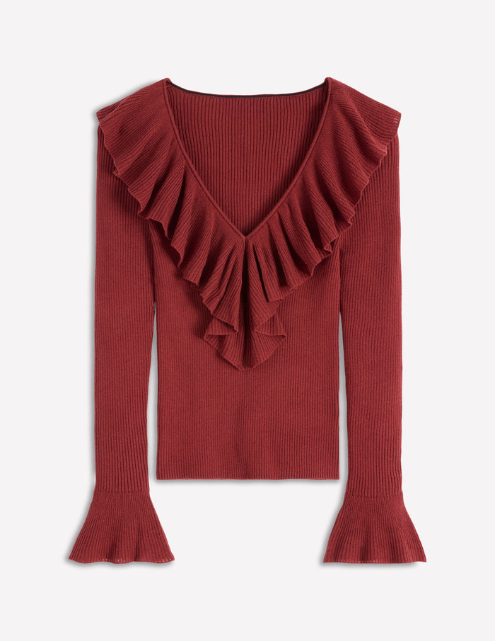 Ruffled Rib Henley Sweater Chestnut