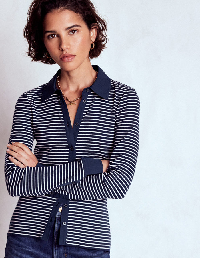 Collared Button Through Top Navy and Ivory Stripe