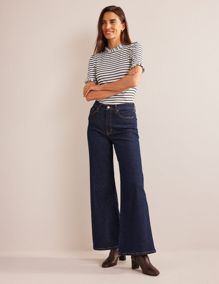 Supersoft Frill Detail T-shirt Ivory, Navy Stripe