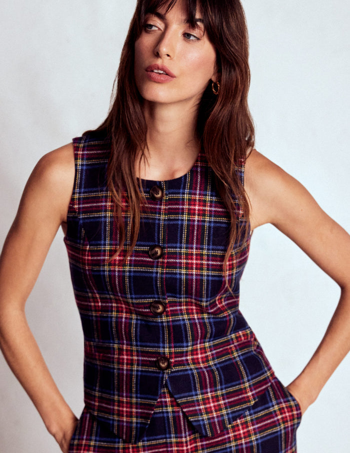 Tailored Check Waistcoat Navy, Green and Red Check