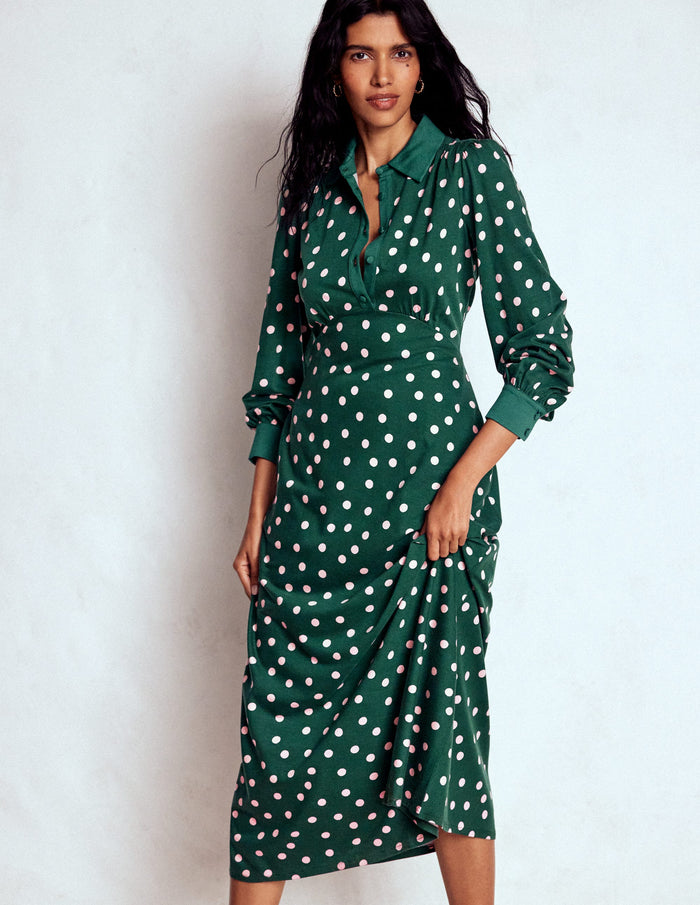 Empire Waistline Shirt Dress Emerald Night, Painted Dot