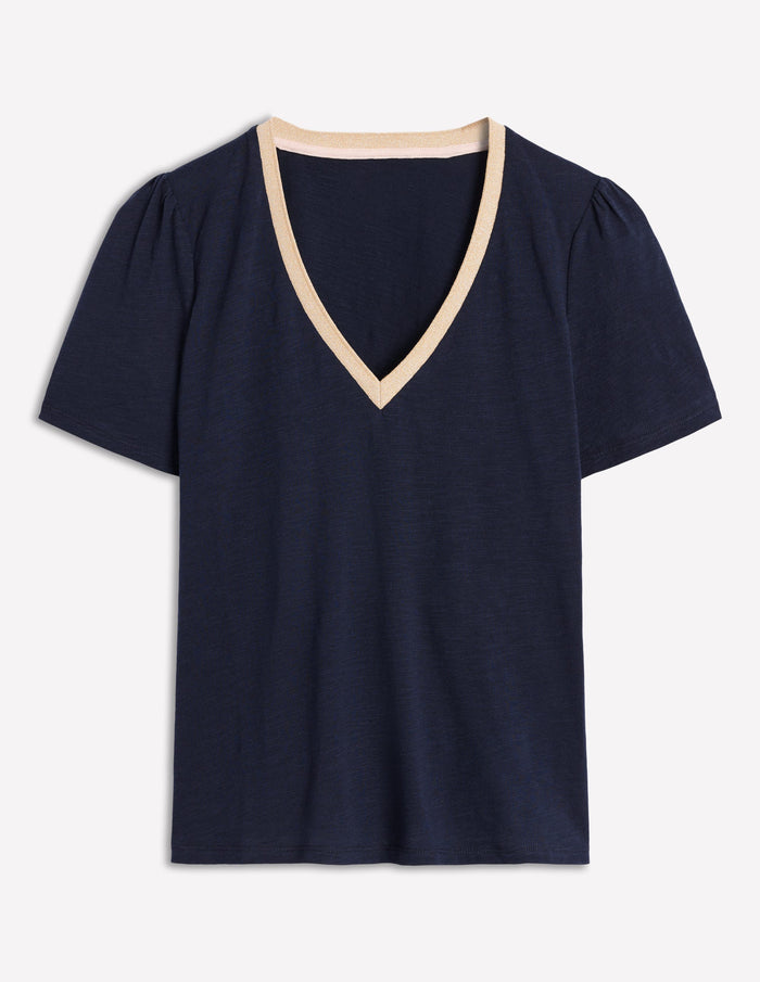Metallic Trim V Neck T-shirt Navy