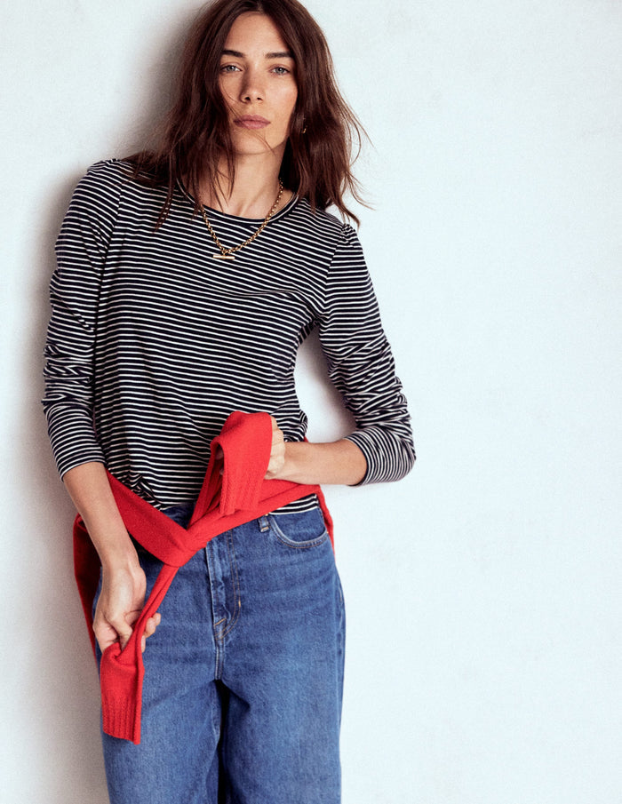 Cotton Crew Long Sleeve Top Navy, Ivory Stripe
