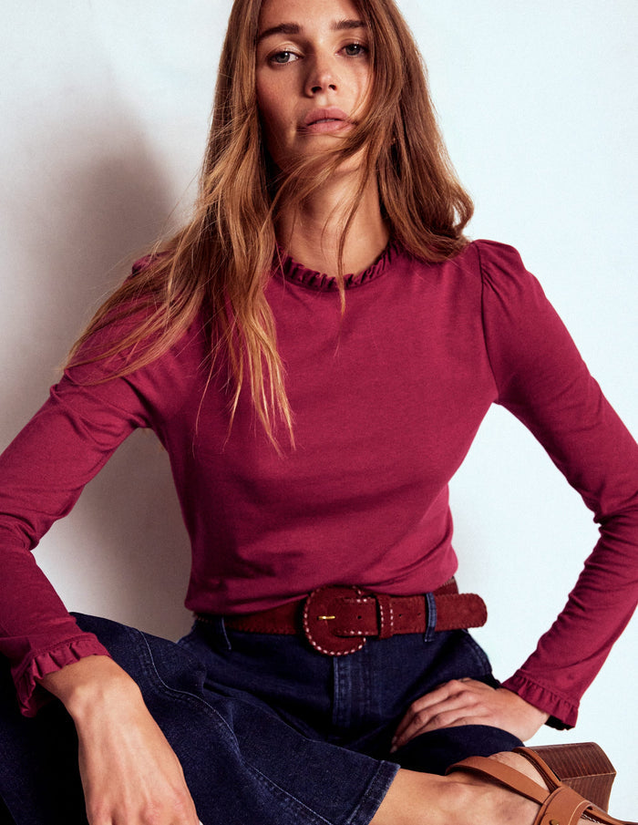 Supersoft Frill Detail Top Burgundy Red
