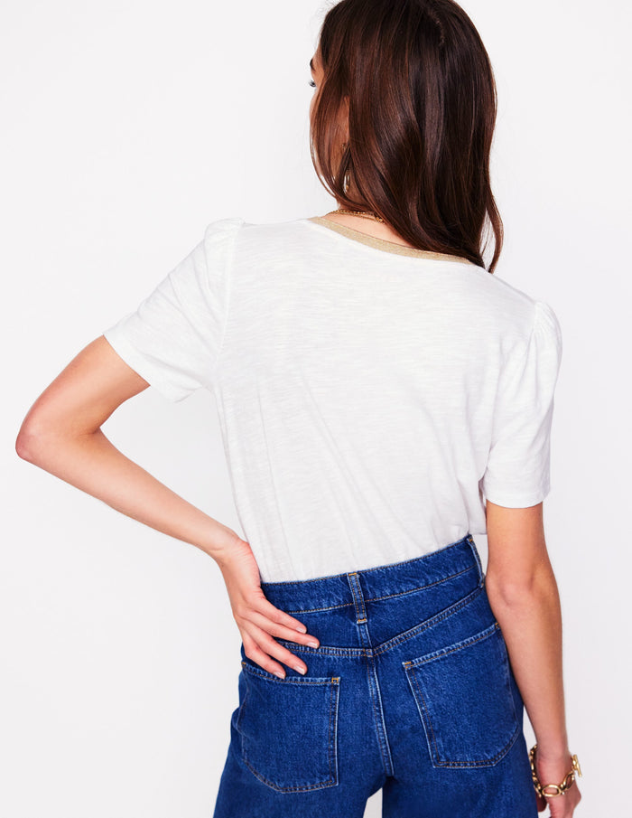 Metallic Trim V Neck T-shirt White