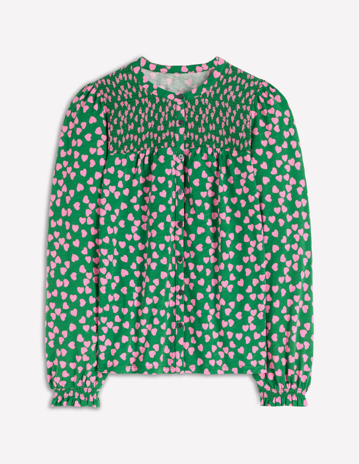 Elsa Smocked Yoke Jersey Shirt Highland Green, Heart Cascade