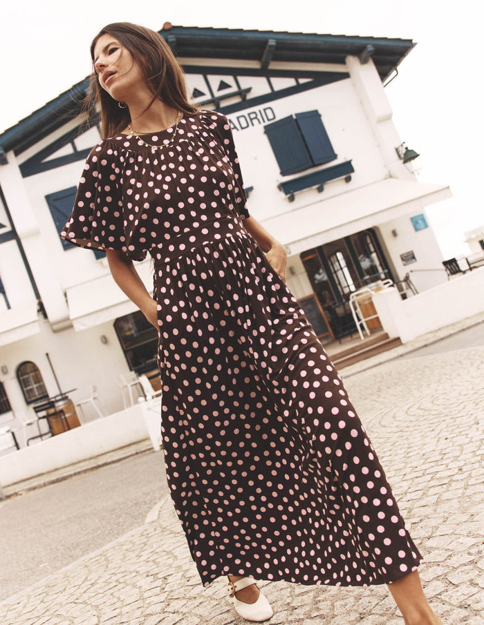 Yoke Panel Maxi Dress Brown Spot