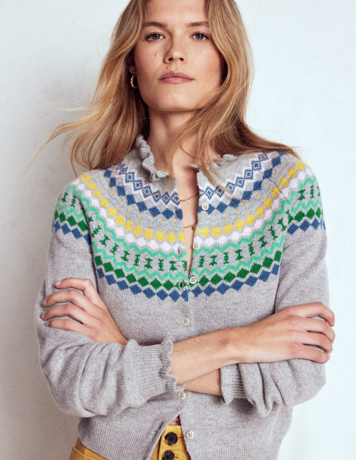 Fae Fair Isle Frilled Cardigan Grey Melange