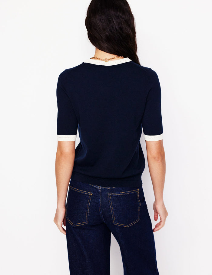 Emilia Cotton Crew T-shirt Navy, Warm Ivory