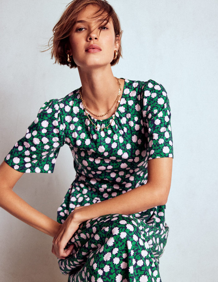 Louisa Jersey Midi Dress Rich Emerald, Floweret Vine