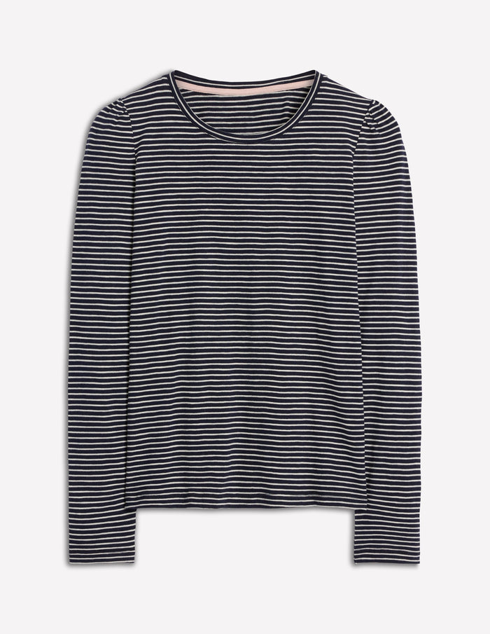 Cotton Crew Long Sleeve Top Navy, Ivory Stripe