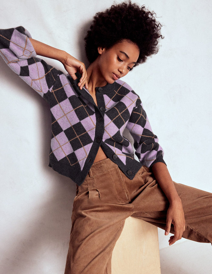 Abi Jacquard Cardigan Lilac, Charcoal Melange Argyle