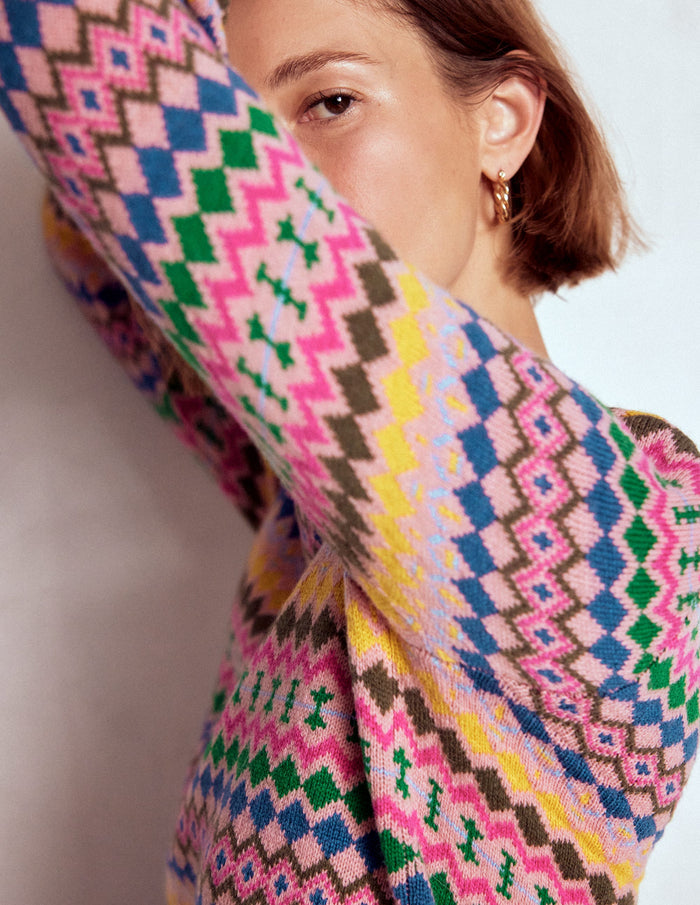 Edie Fair Isle Sweater Pink, Geo Fair Isle
