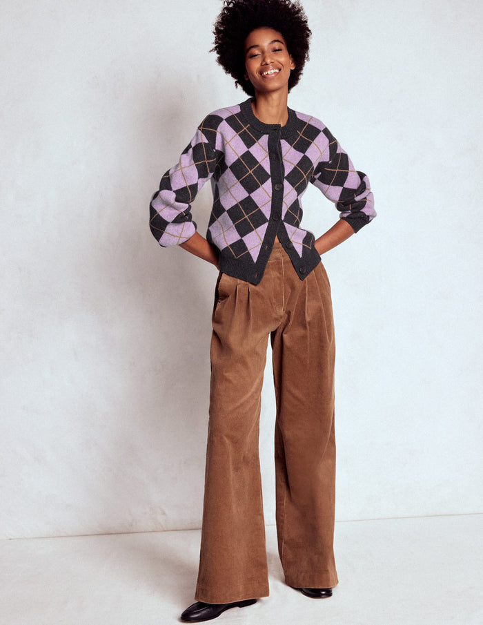 Abi Jacquard Cardigan Lilac, Charcoal Melange Argyle