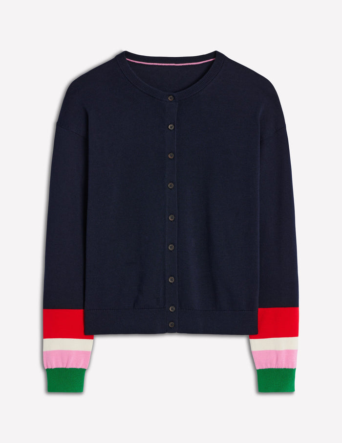 Lara Relaxed Cotton Cardigan Navy, Cuff Stripe