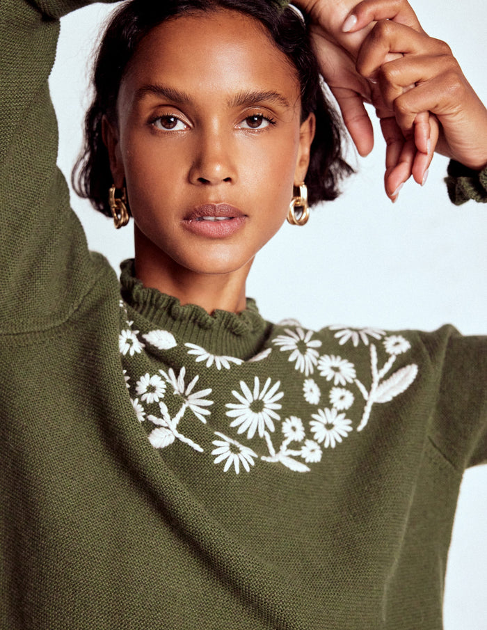 Embroidered Frill Sweater Woodland Green Melange