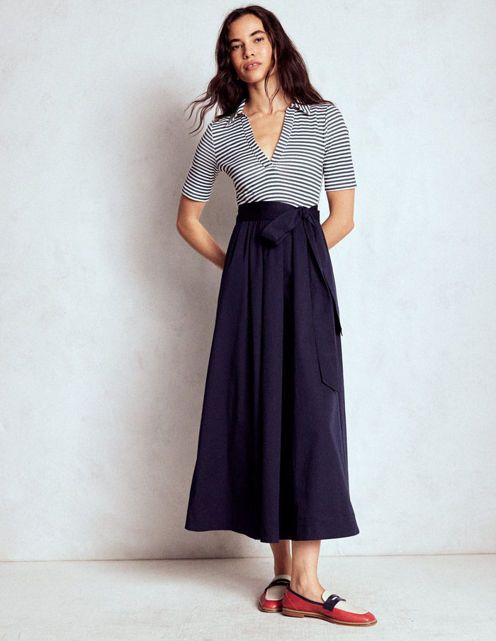 Collar Detail Mix Midi Dress Navy, Ivory Stripe