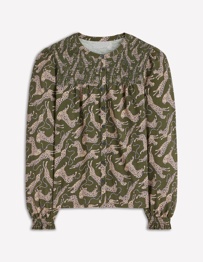 Elsa Smocked Yoke Jersey Shirt Green, Leaping Leopard