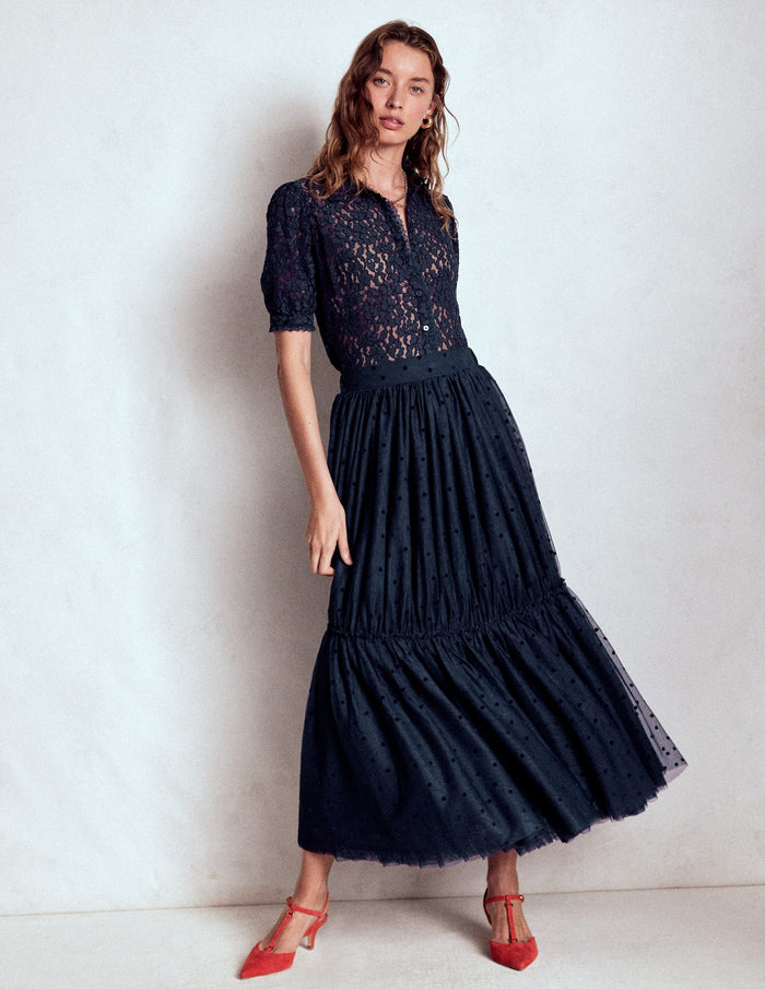 Short Sleeve Lace Blouse Navy