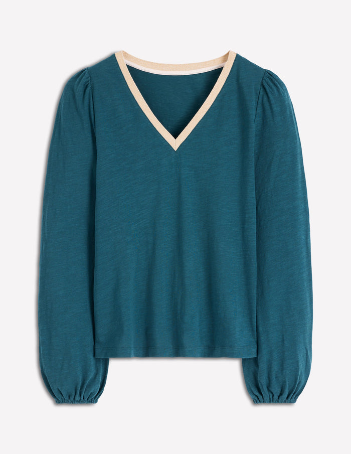 Metallic Trim Long Sleeve Top Midnight Teal