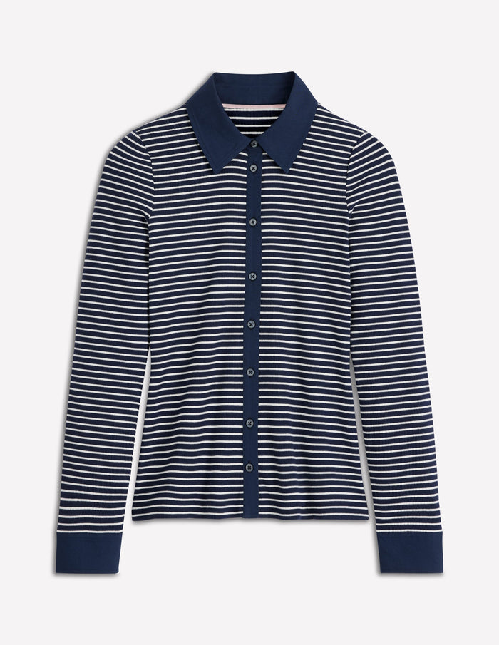 Collared Button Through Top Navy and Ivory Stripe