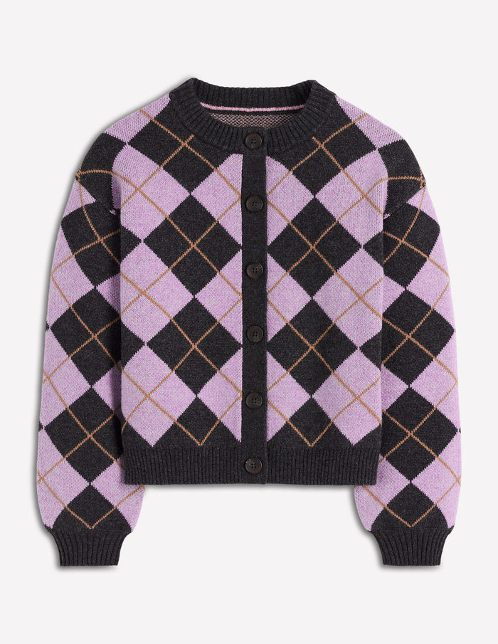 Abi Jacquard Cardigan Lilac, Charcoal Melange Argyle