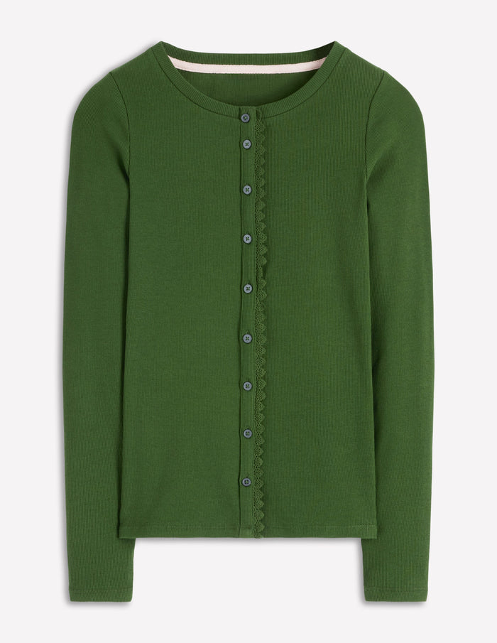 Evie Button Through Ribbed Top Green Fir