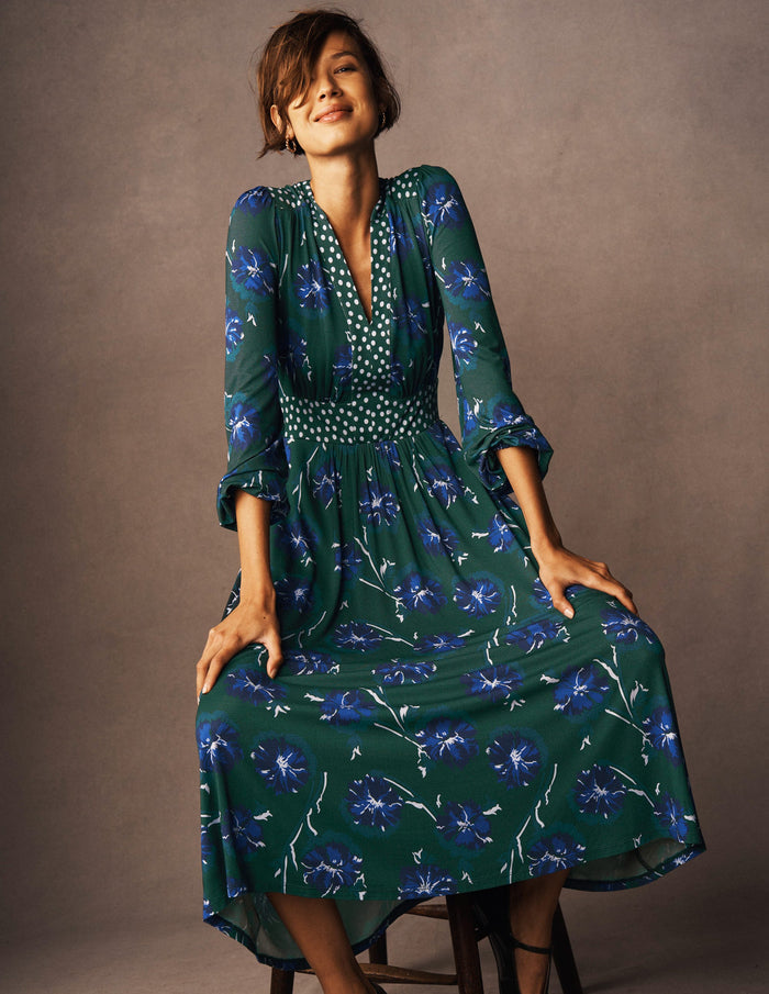 Lily Long Sleeve Midi Dress Emerald, Delicate Carnation