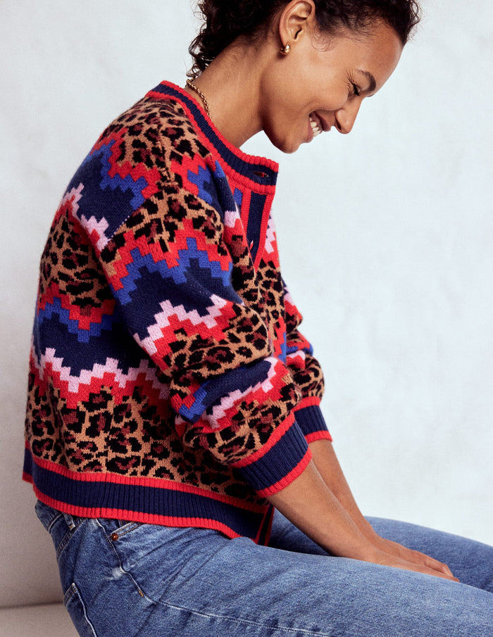 Abi Jacquard Cardigan Multi Fair Isle, Leopard