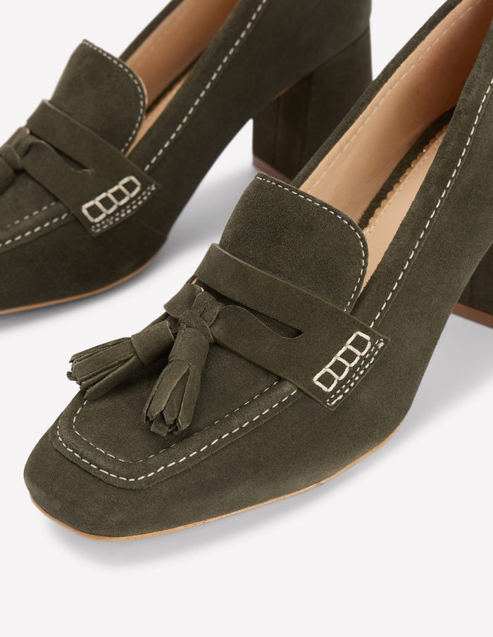 Sol Block Heeled Penny Loafers Dark Moss