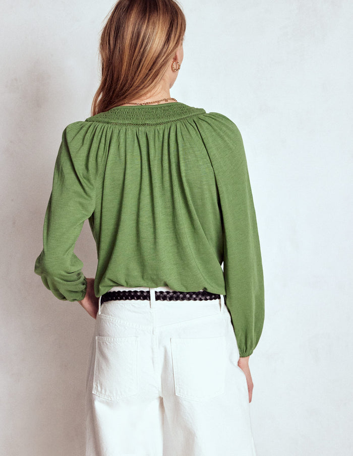 Georgia Smocked Jersey Top Safari Green