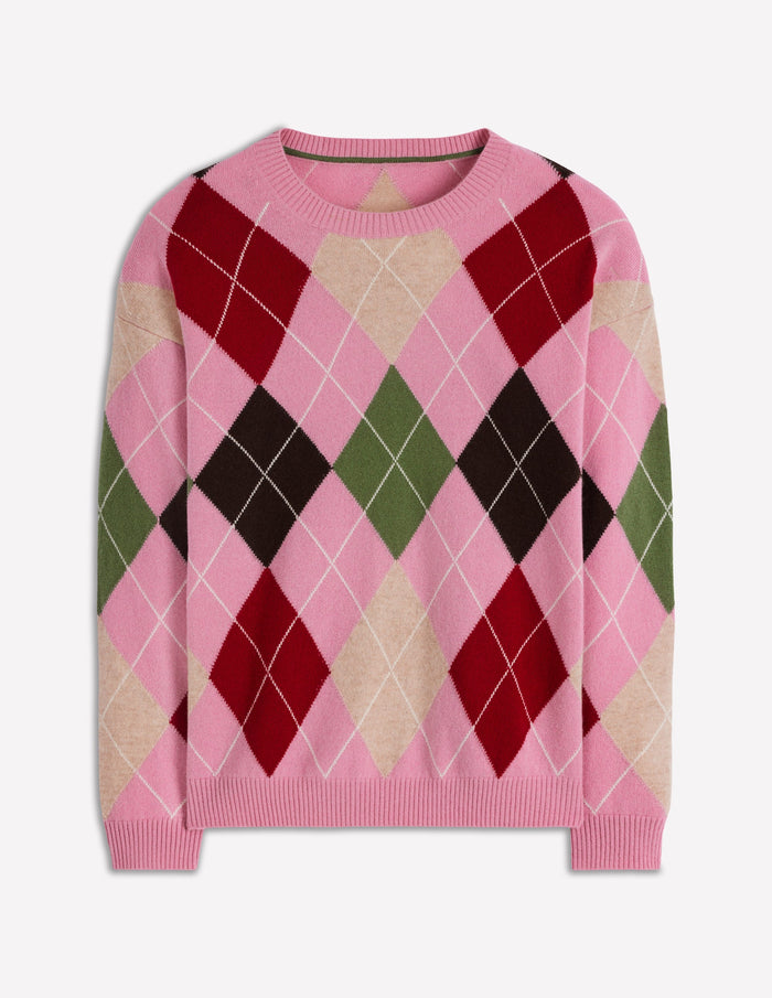 Lydia Cashmere Jumper Pink, Brown and Green Argyle
