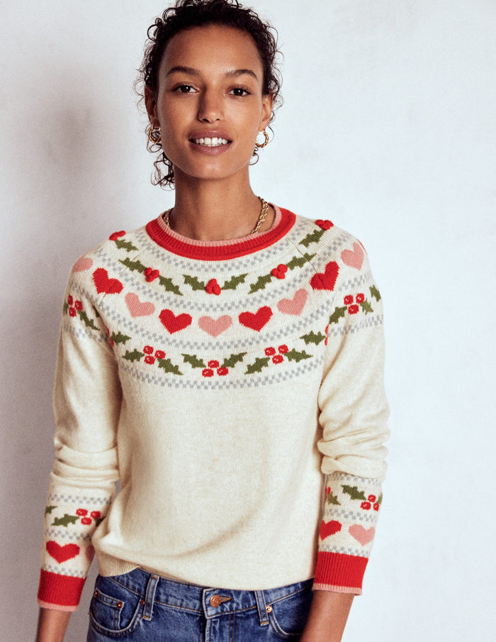 Edie Fair Isle Sweater Oatmeal Melange, Holly